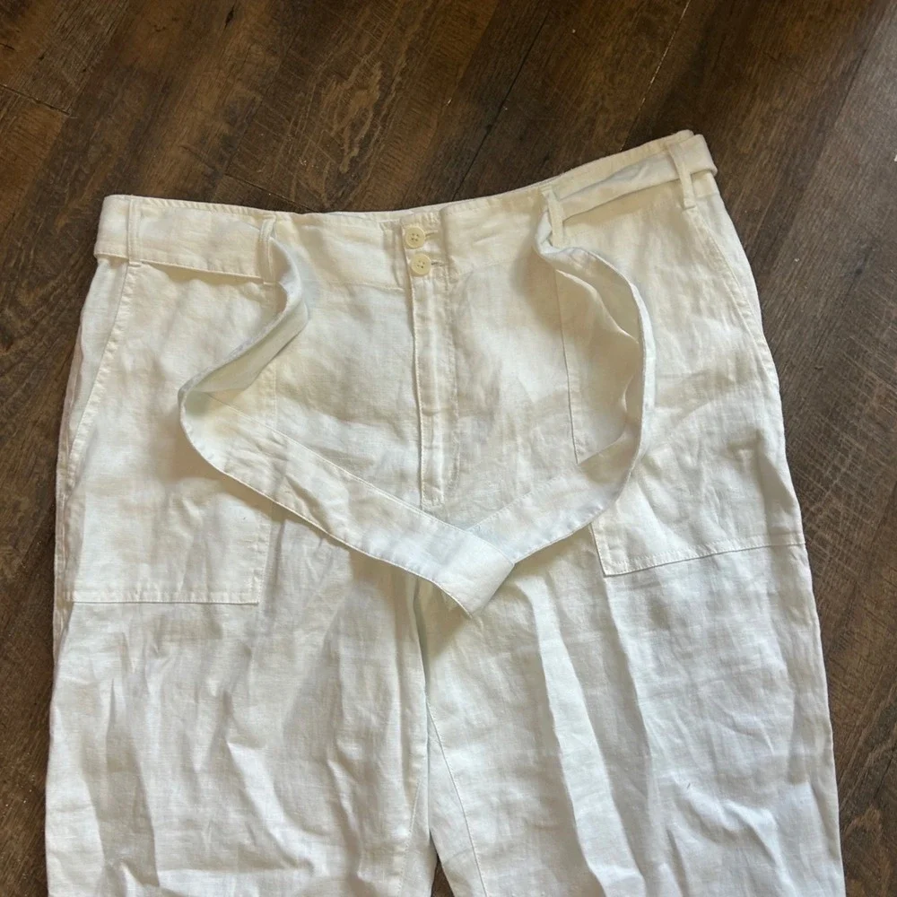 Lauren Ralph Lauren White 100% Linen Belted Cropped Pants Womens 18 Patch Pocket